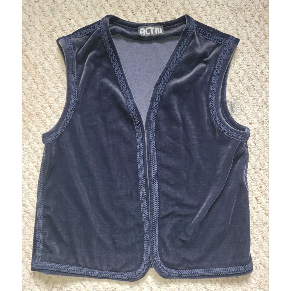 Vintage '70s Act III Navy Boho Velvet Vest with Braided Trim‎ Pockets Retro S/M